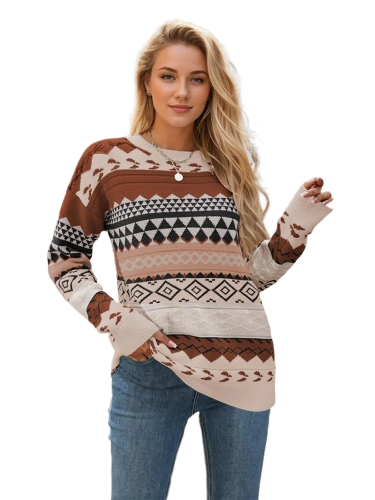 Sweter damski z dzianiny o luźnym kroju, z retro wzorem w romby, okrągły dekolt, idealny na jesień i zimę, zapewniający efekt odmładzający.