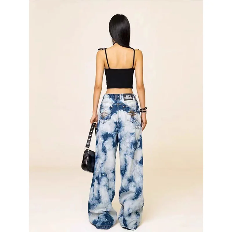 EuropeanAmerican Camouflage Design Sense Gradual Wide-Leg Jeans Spilled With Ink And Holes Straight Wide-leg Casual Jeans Female