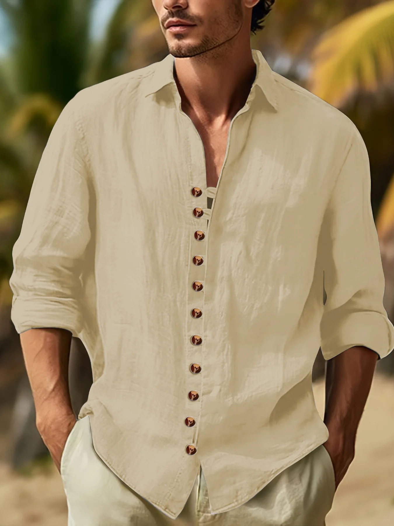 

Men's shirt Fashion Solid Color Cotton Linen Spring and Autumn leisure retro daily home outdoor travel Lapel Button Long sleeve