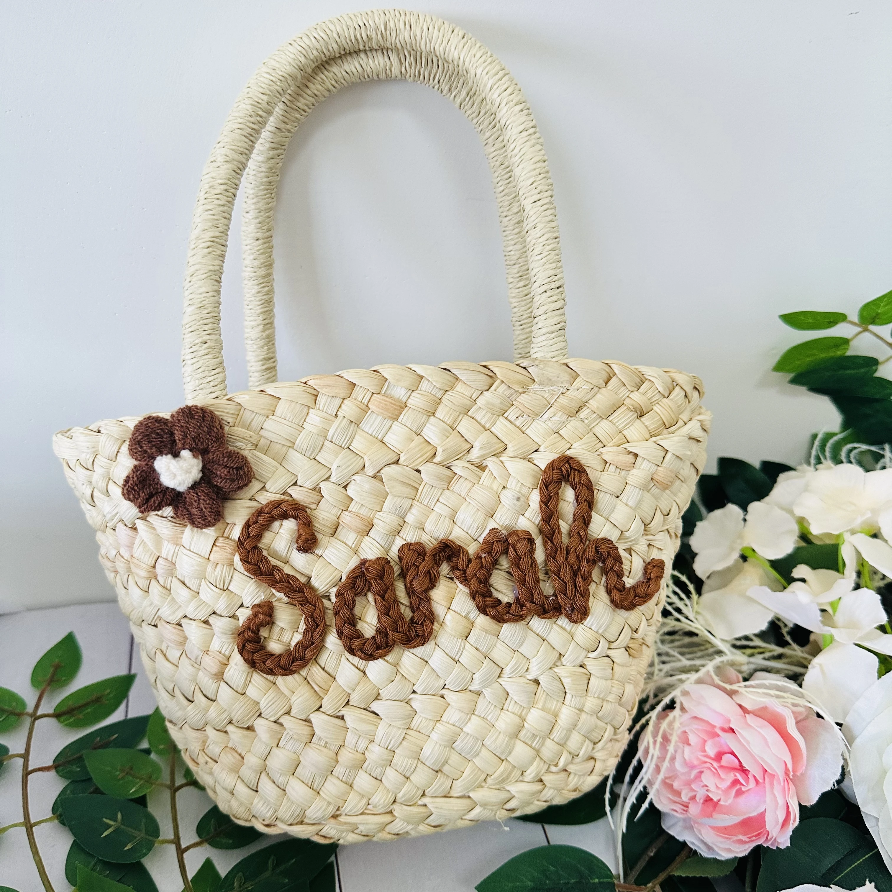 Handmade Flower Girl Basket para dama de honra, Bolsa nupcial personalizada, Bolsa de nome da dama de honra, Tote Monogrammed para festa