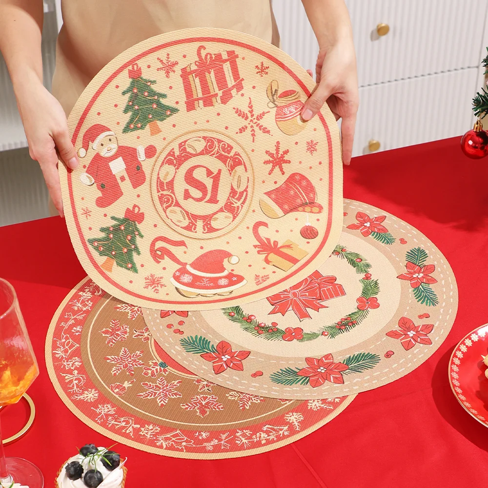 

1PC Christmas Placemat Heat Insulation Round Tableware Mats PVC Table Mats Pads for Christmas Party Home Decoration New Year