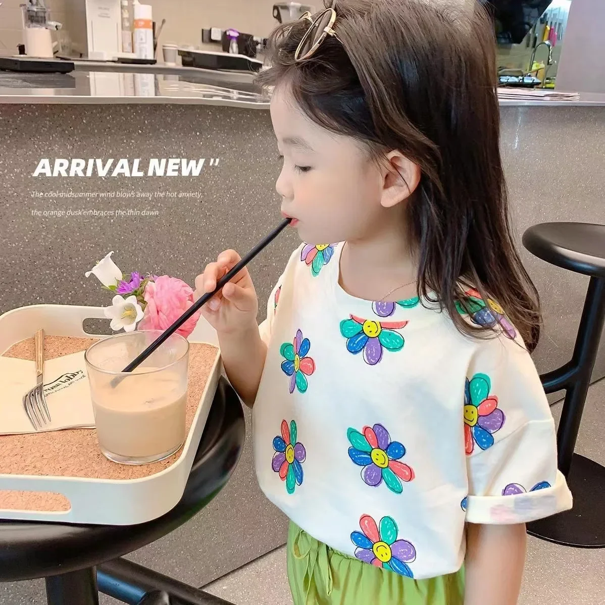 2-8T Cotton Flower Girls Kid Tshirt Toddler Summer Clothes Short Sleeve Top Infant Floral T Shirt Cute Sweet Children Tee Outfit