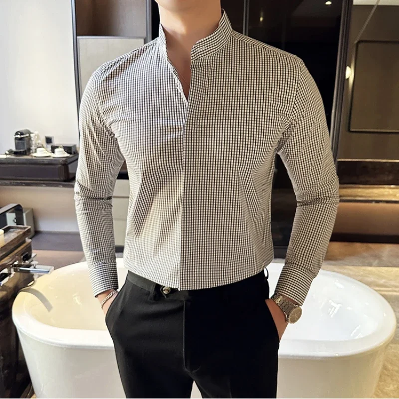 Camisas De Hombre Stand Collar Luxury Shirts For Men Clothing High Quality Camisa Masculina Slim Fit Mens Dress Shirts Formal