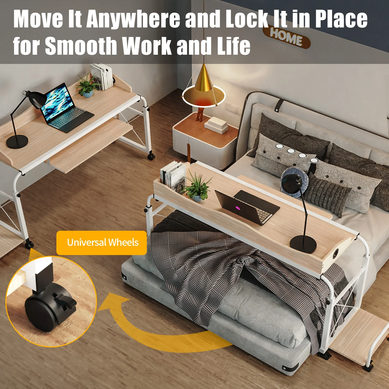 Computer Desk in Bed - Set with Three Keyboards, Maple with Guardrail