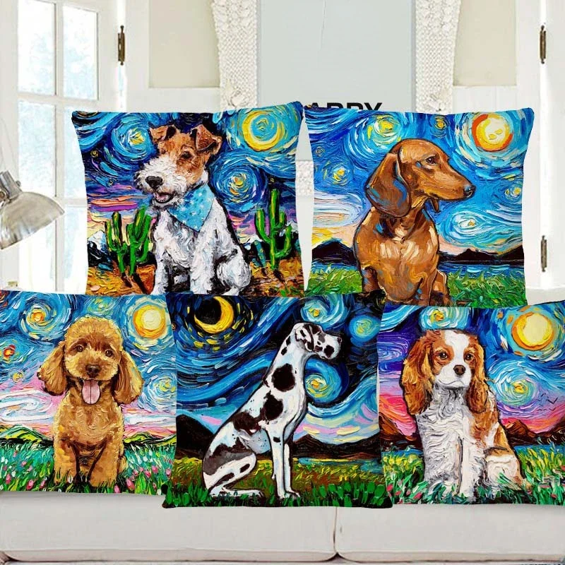 1pcs/SET Poodle Greyhound Labrador Shepherd Dog Oil Painting Cushion Covers Famous Art Decorative Pillow Case For Sofa 45X45CM