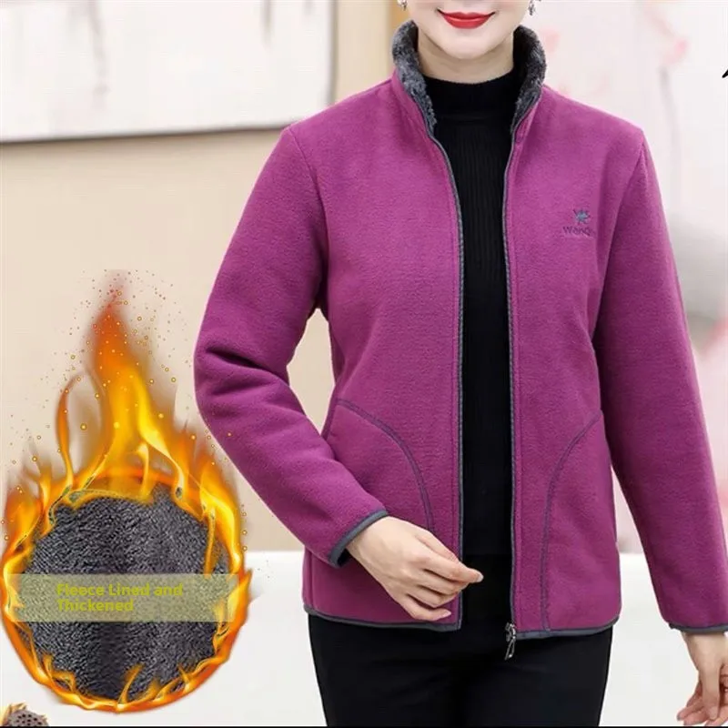 Mom's Fce Lined Loose Hoodie Jaet Autumn Winter Stand Collar Warm Thiened Zipper Closure  Color Versatile Sli...