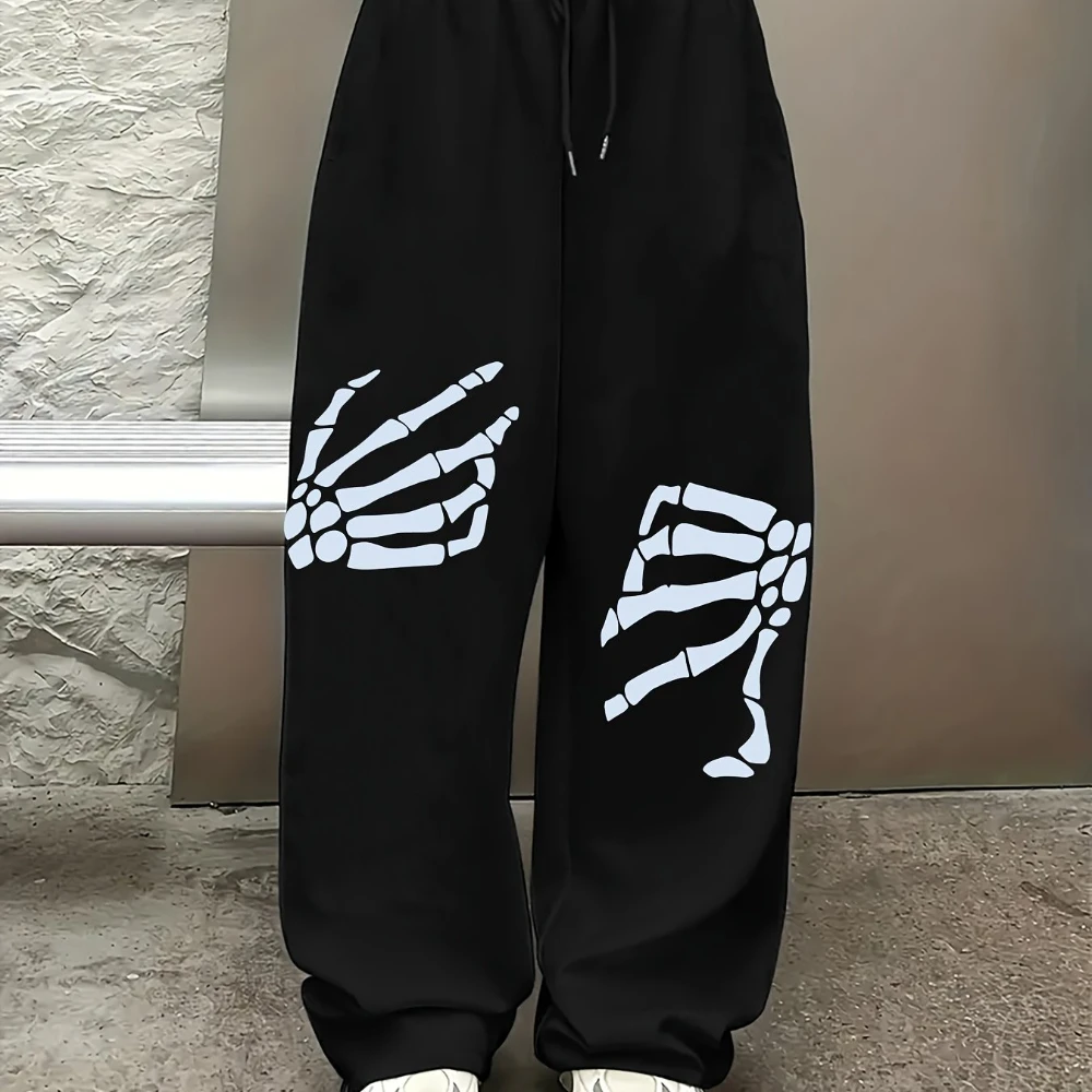 Women's Fun Skull Hand Print Casual Sports Sweatpants with Drawstring Straight Leg Suitable for Spring and Autumn Wide Leg Pants