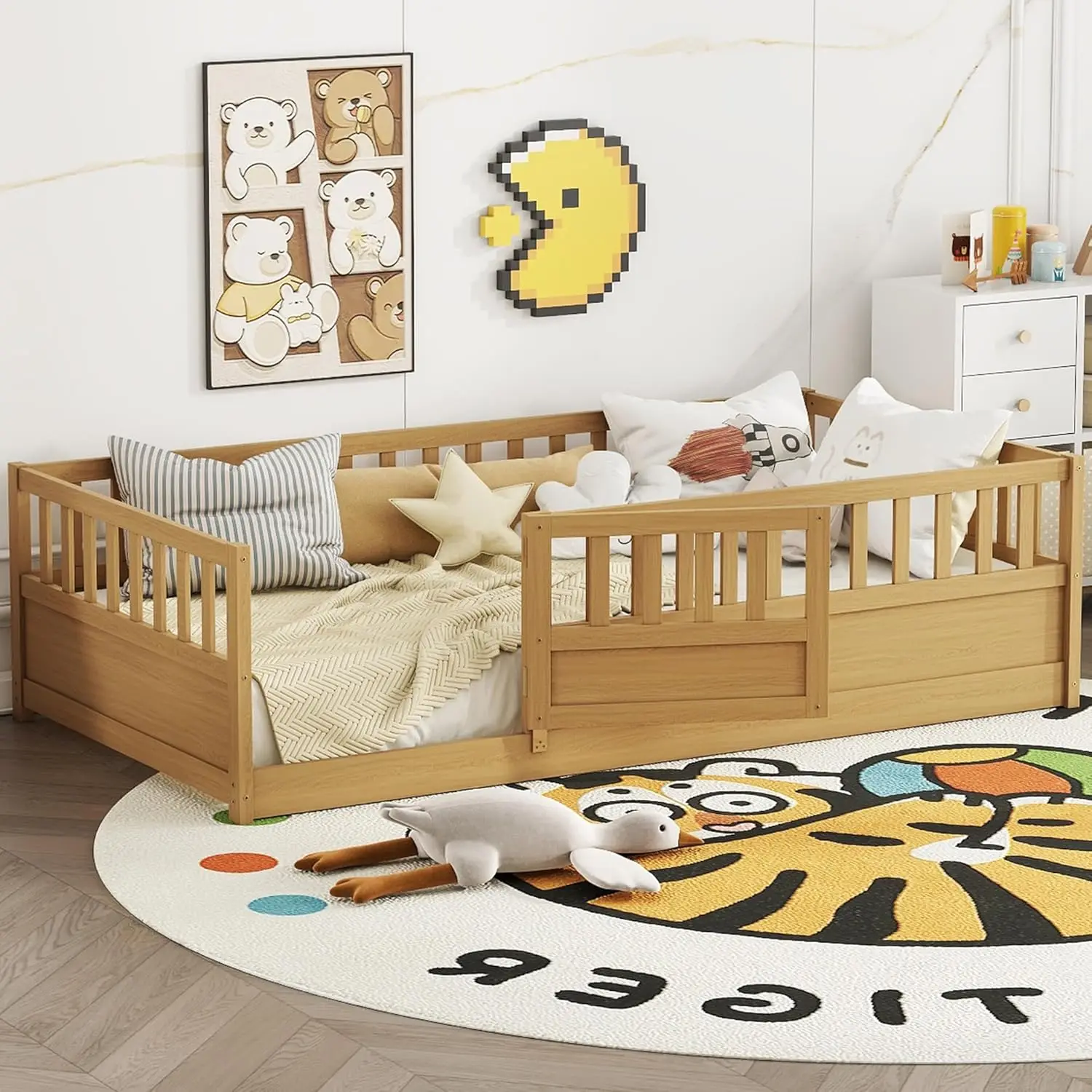 

Twin Floor Bed with Slats, High Fence, and Door, No Box Spring Needed, Easy Assemble Montessori Bed Frame (Natural)