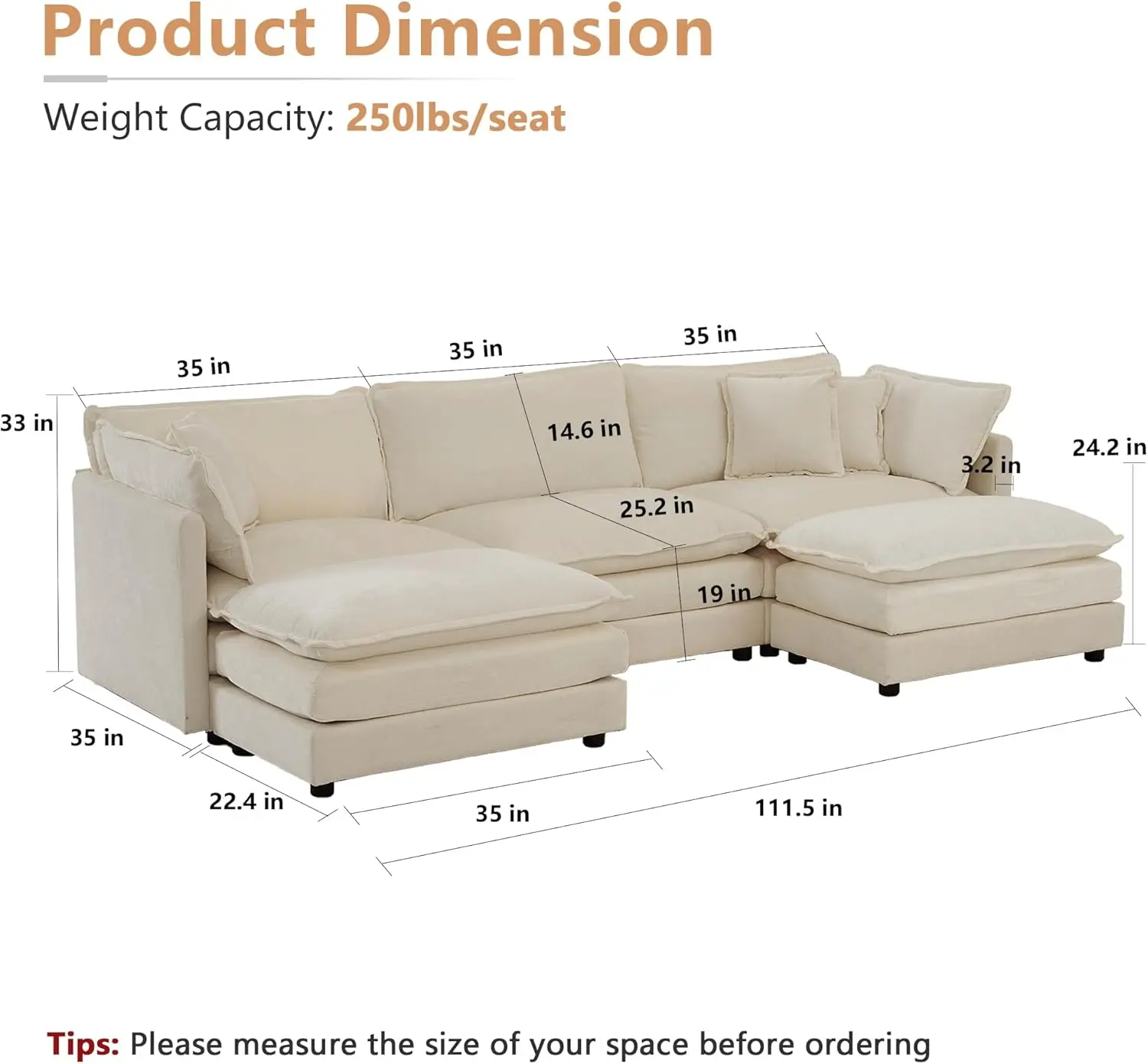 Modular segmented sofa, living room 111.5-inch U-shaped sofa set, 3-seat comfortable, DIY combination, light coffee