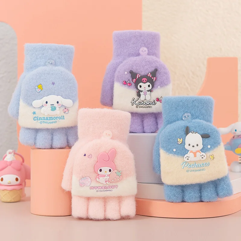 Sanrio guantes de medio dedo para niños, cubierta abatible de otoño e invierno, guantes cálidos para bebés de 7 a 12 años, guantes escolares para niños y niñas