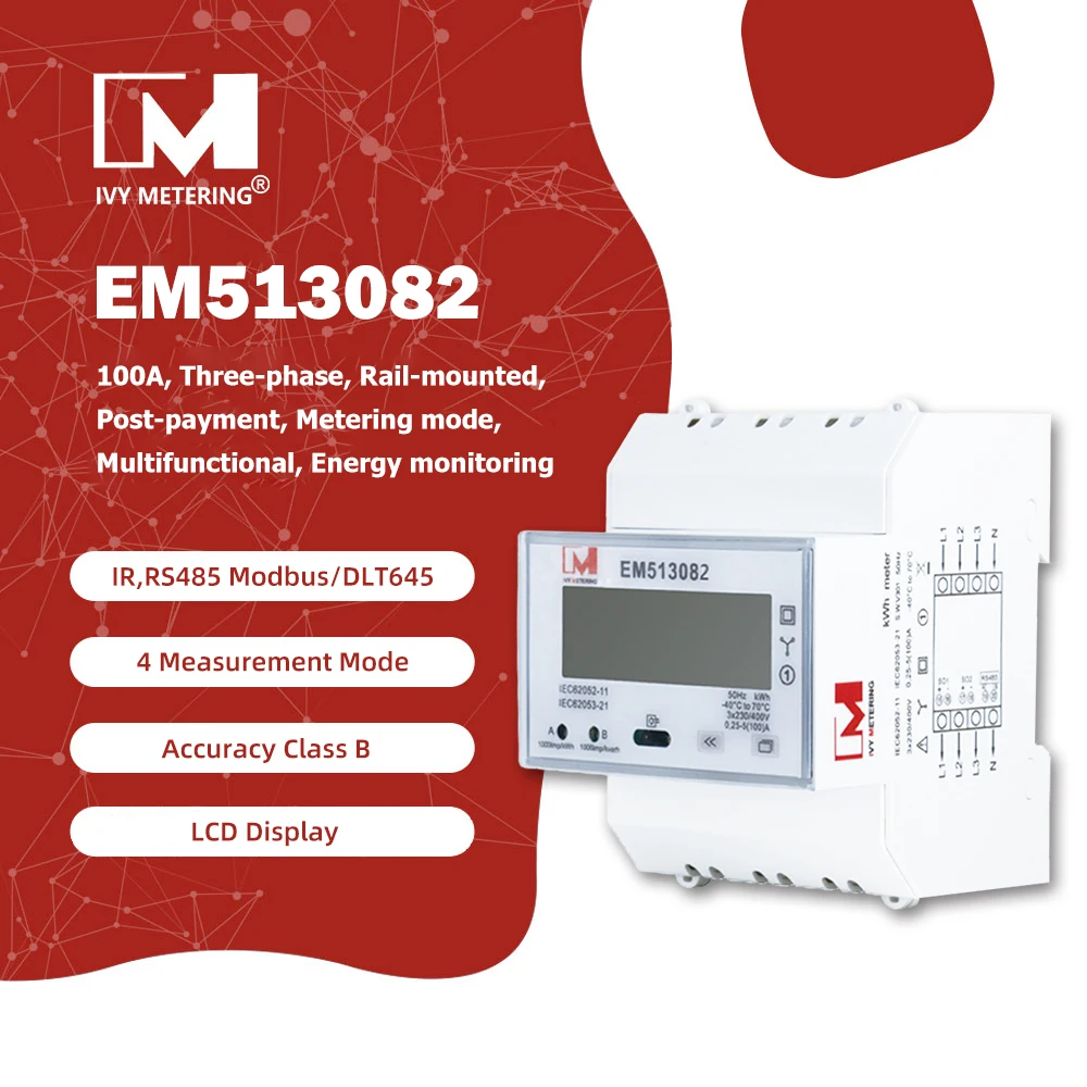 

IVY EM513083 Трехфазный четырехпроводной ИК-счетчик энергии и RS485 Modbus, DIN-рейка 100 А, сертифицированный MID, гибкие режимы измерения для Com