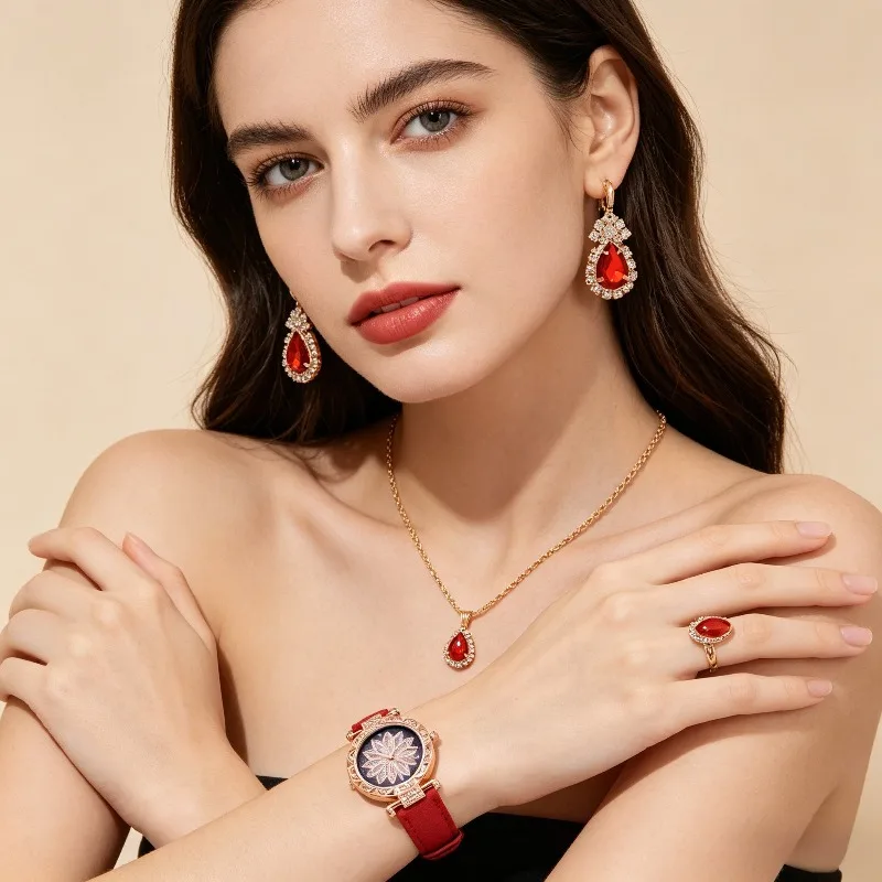 

New 5pcs Set Watches Women Leather Band Ladies Watch Simple Casual Women's Analog WristWatch Bracelet Gift Montre Femme Relogio