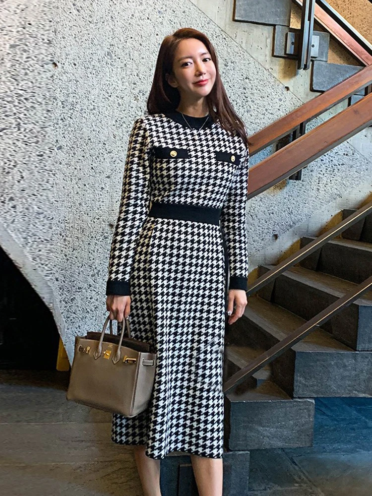 

Korean Knitted Elastic Long Dresses For Women Clothing Mujer Elegant Commute Ladies Sweater Houndstooth O-Neck Robe Femme Dress