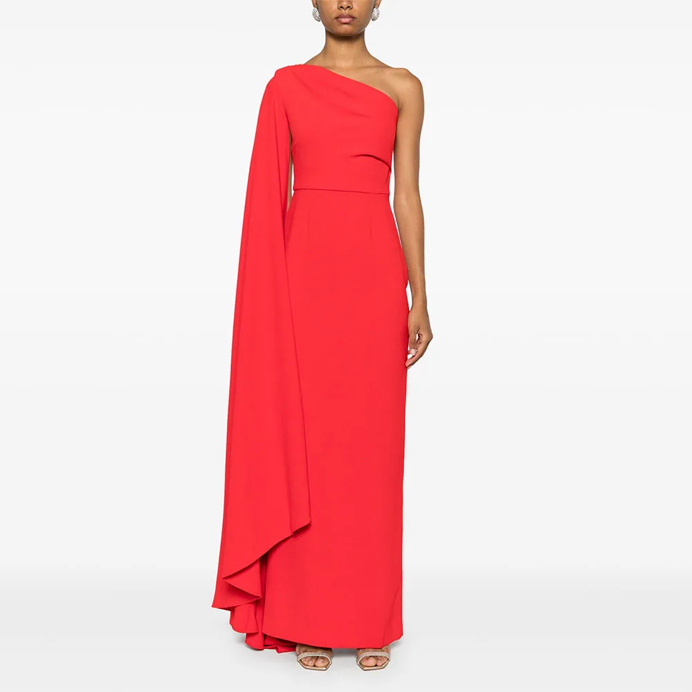 

Saudi Arabian Evening Dress Red One Shoulder Draped Column Evening Gowns for Women 2025 Pleated Back Split Simple Party Dresses