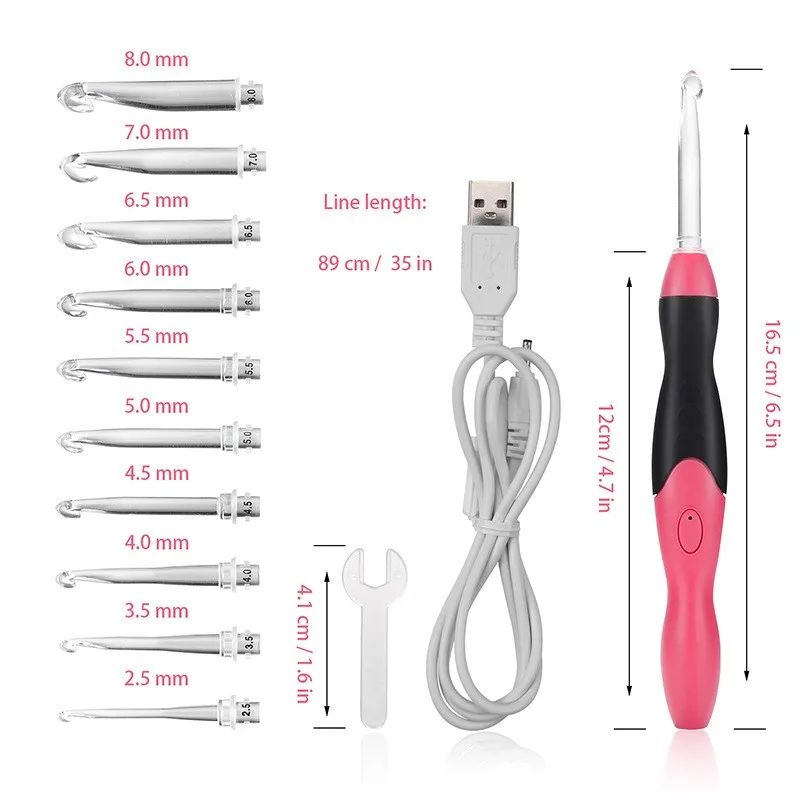 Adjustable Illuminated 11 in 1 Crochet Hook Set Multi Colour Handle Rechargeable DIY Hand Knitting Home Tools