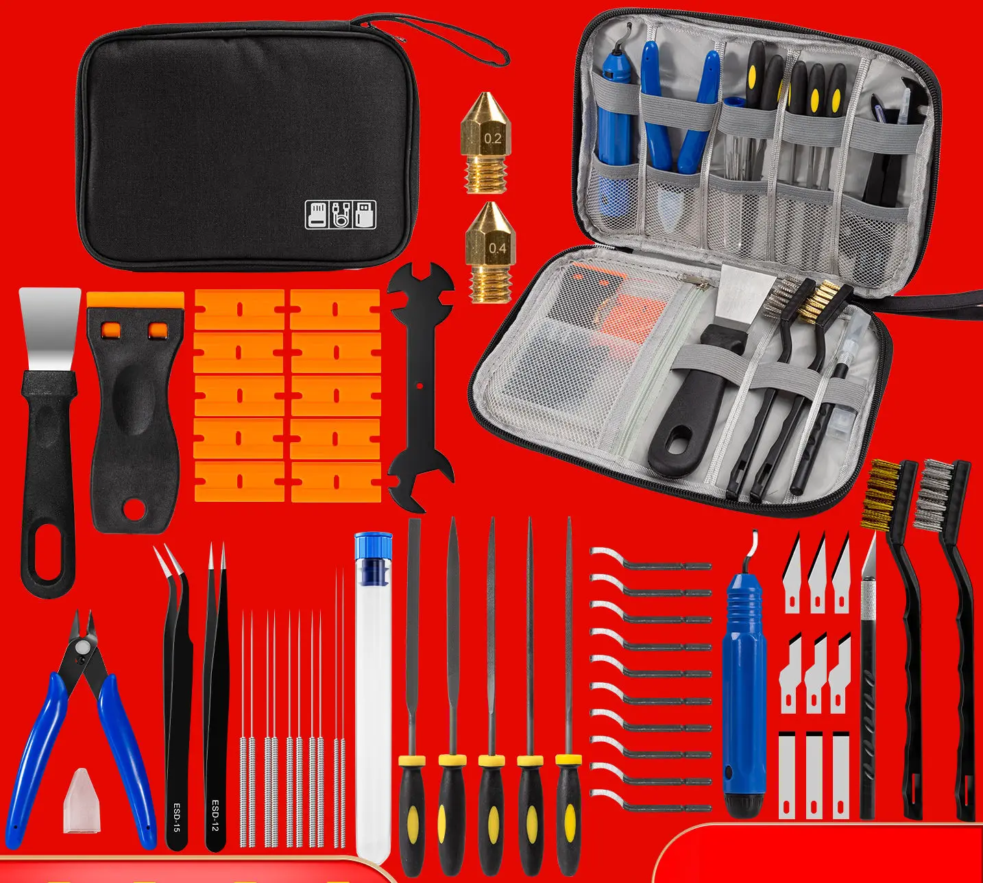 57pcs-3d-printer-tool-kit-model-finishing-cleaning-set-nozzle-needle-file-plier-scraper-deburring-tools-with-storage-bag