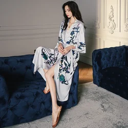 Print Flower Long Robe Nightgown Spring Summer Three Quarter Sleeves Kimono Bathrobe Gown Women Satin Home Dress Lounge wear