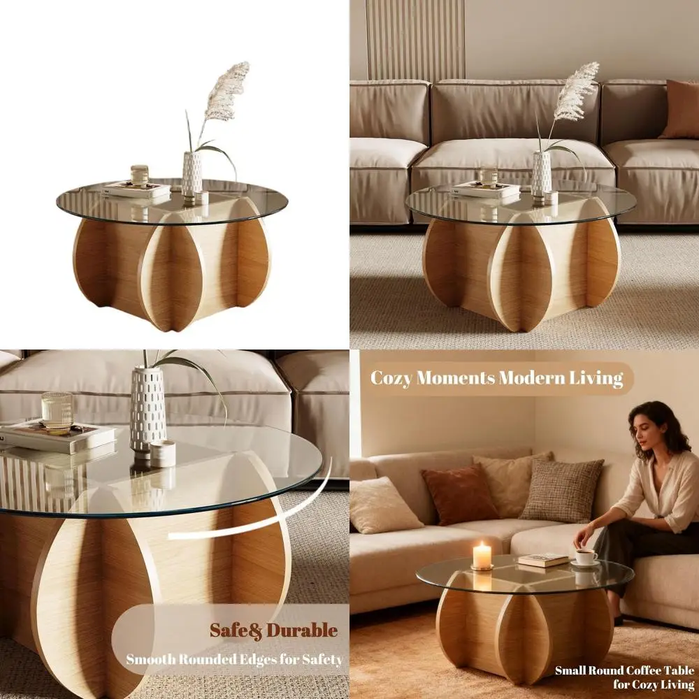 

30.7 Tempered Glass Top Coffee Table with Wood Grain Base for Living Room, Easy Assembly, Natural Style
