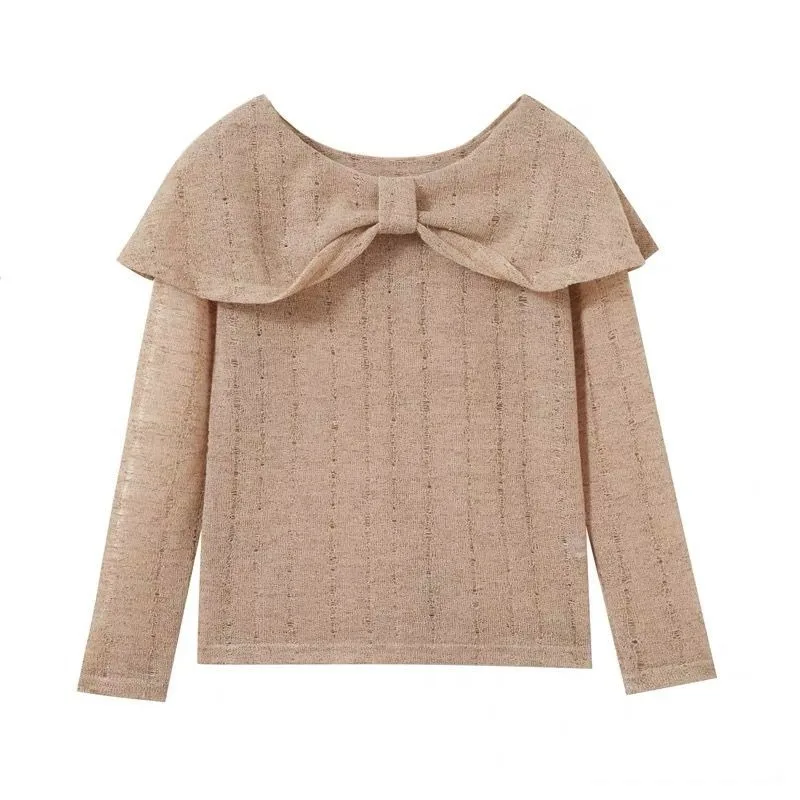 Girls' Versatile Long Sleeved T-shirt 2025 Spring Autumn Korean Style Cute and Fashionable Children's Imitation Knitted Bow Top