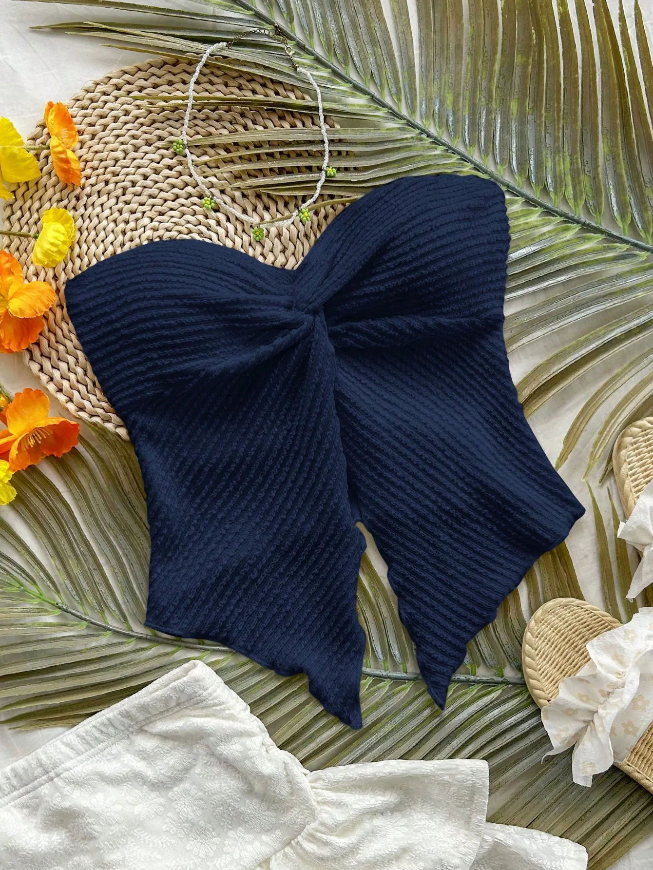 Navy Blue Knit Textured Twist Hem Top, Sleeveless Elegant Casual, Summer Beach Vacation Halloween School Top for Women