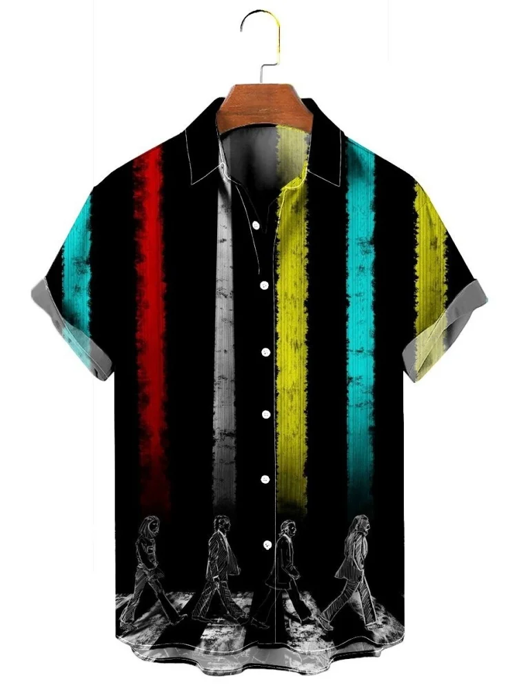 

Гавайская рубашка в праздничную цветную полоску, мужская рубашка с коротким рукавом и воротником с лацканами, однобортные шикарные туники, спортивные топы в готическом стиле