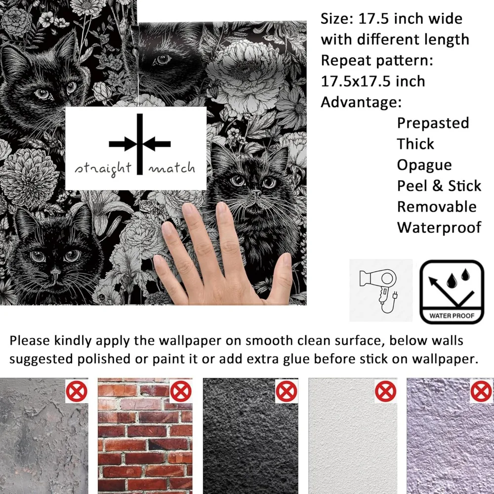 ورق جدران ذاتي اللصق على شكل زهور قطة باللونين الأسود والأبيض من مودي القوطي لداخل الأكاديمية الداكنة