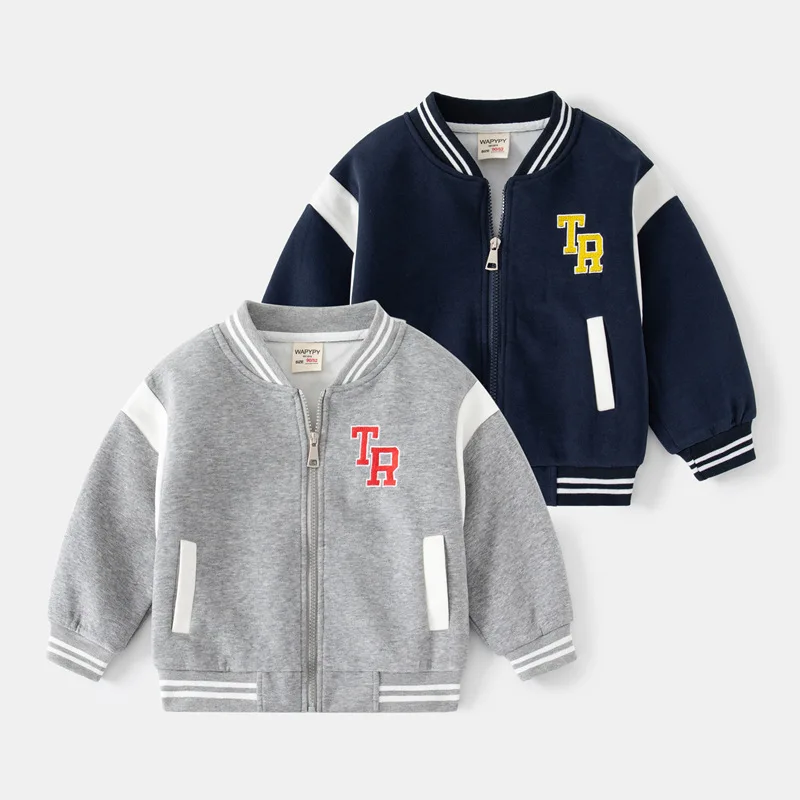 Kids' Casual Baseball Jacket, Autumn Boys' Color-Block Letter Embroidered Long Sleeve Stand Collar Zip-Up Sweatshirt, Ages 2-7