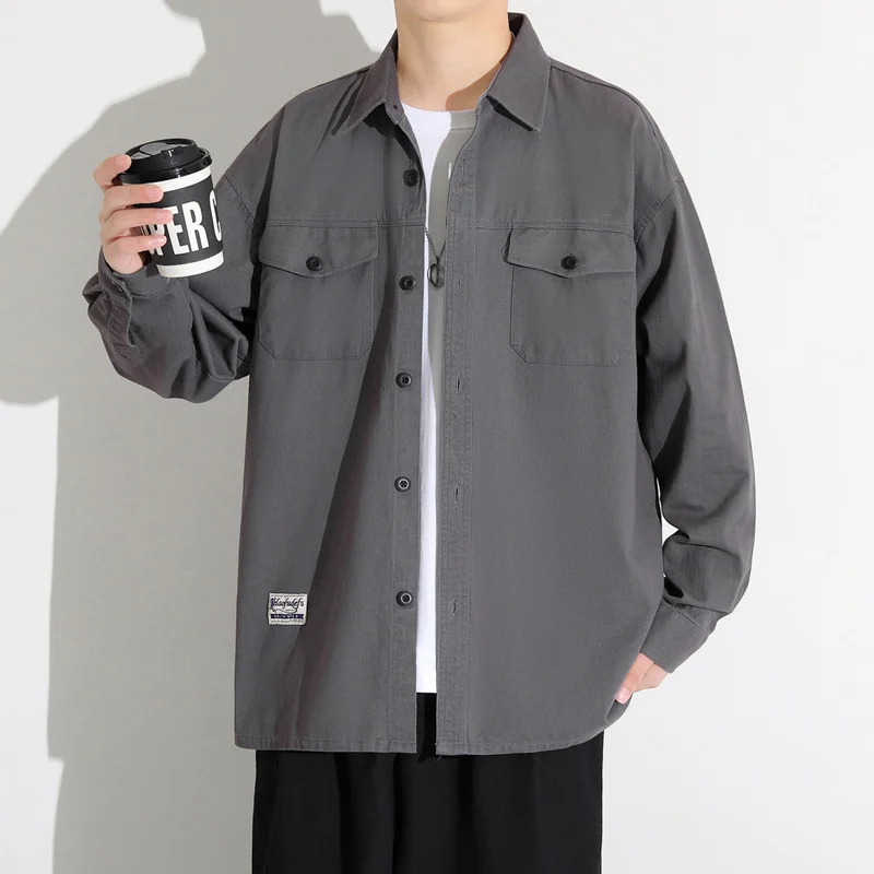 

Casual irt Sle Jaet Men's Spring Autumn Loose Fit Classic Retro Coat Youth Trendy Long Sve Cotton Ox Pure Color