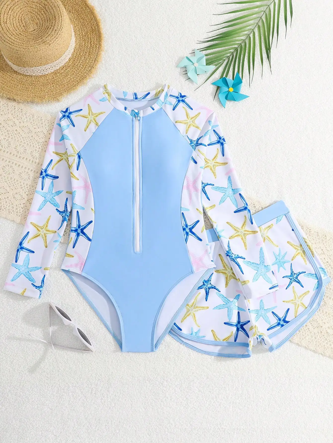 

Женский слитный купальник с принтом морских звезд, на молнии, с длинными рукавами и шортами