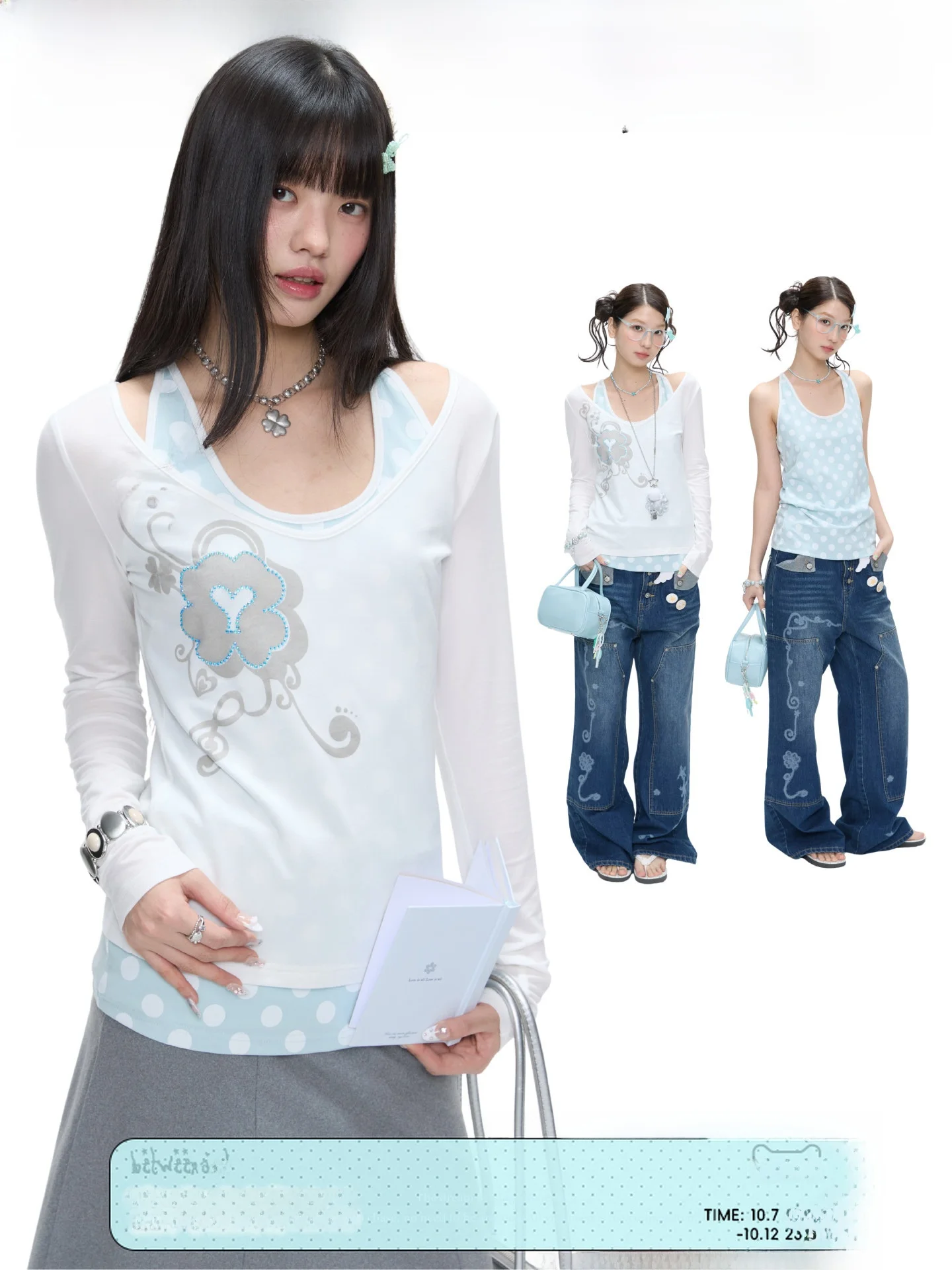 Mint Polka Dot Lucky Four Leaf Clover Top And Vest Two Piece Set Women's Summer Casual Slim Fit Long Sleeve round Neck T-Shirt