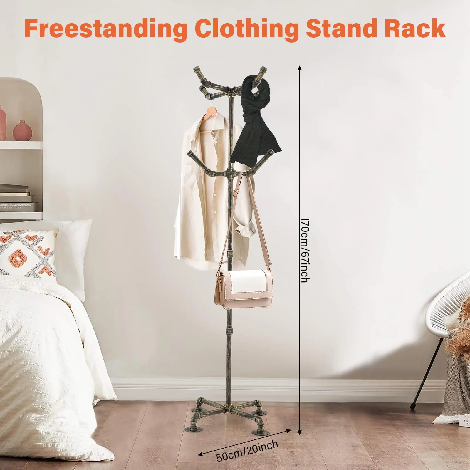 20Cabide de tubo industrial de altura, rack de roupas com 6 ganchos, suporte de roupas autônomo, casaco resistente de metal e chapéu ha