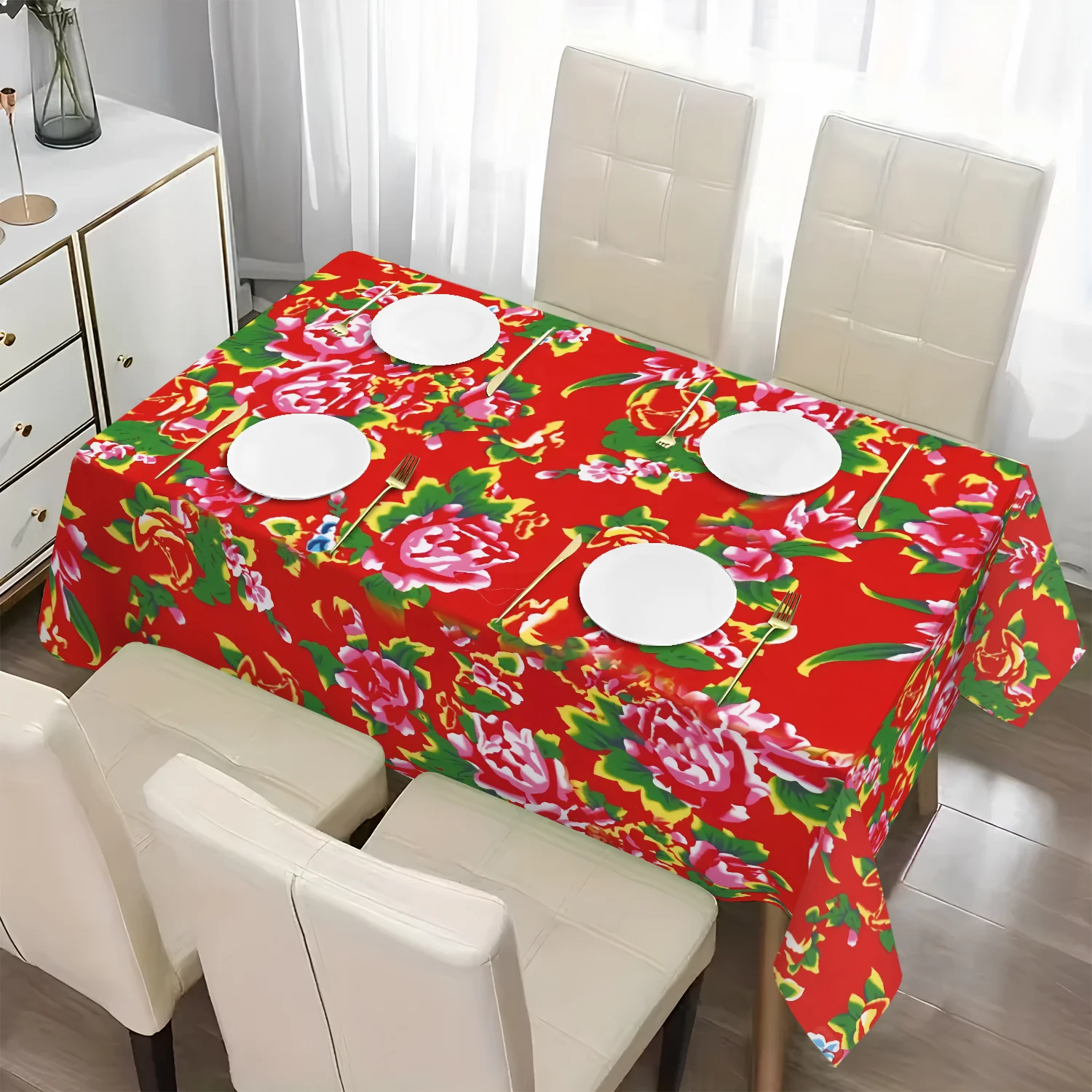 1pc Chinese Style Floral Pattern Red Polyester Tablecloth Perfect For Indoor/Outdoor Dining Parties And Special Occasions Table