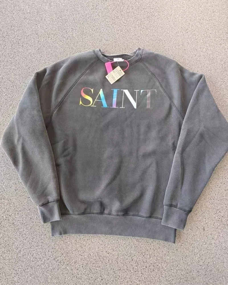 High quality 1:1 Multi-color SAINT Destruction Round neck Sweatshirt Vintage Hip Hop High-end Mens Womens Couple Casual Pullover