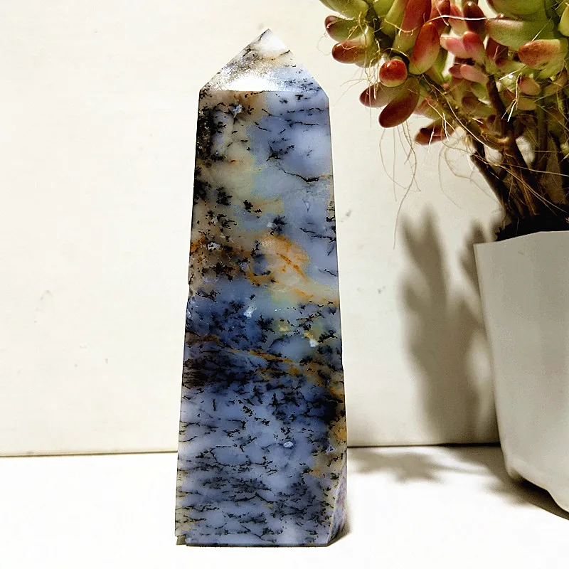 Natural Stone Dendritic Opal Crystal Tower Wand Point Four Prisms Wicca Chakra Healing Feng Shui Crystals Ornament