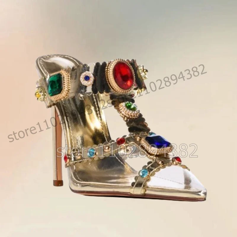 

Colorful Crystal Decor Gold Hollow Design Slippers Slip On Women Shoes Thin High Heels Fashion Banquet 2023 Zapatos Para Mujere