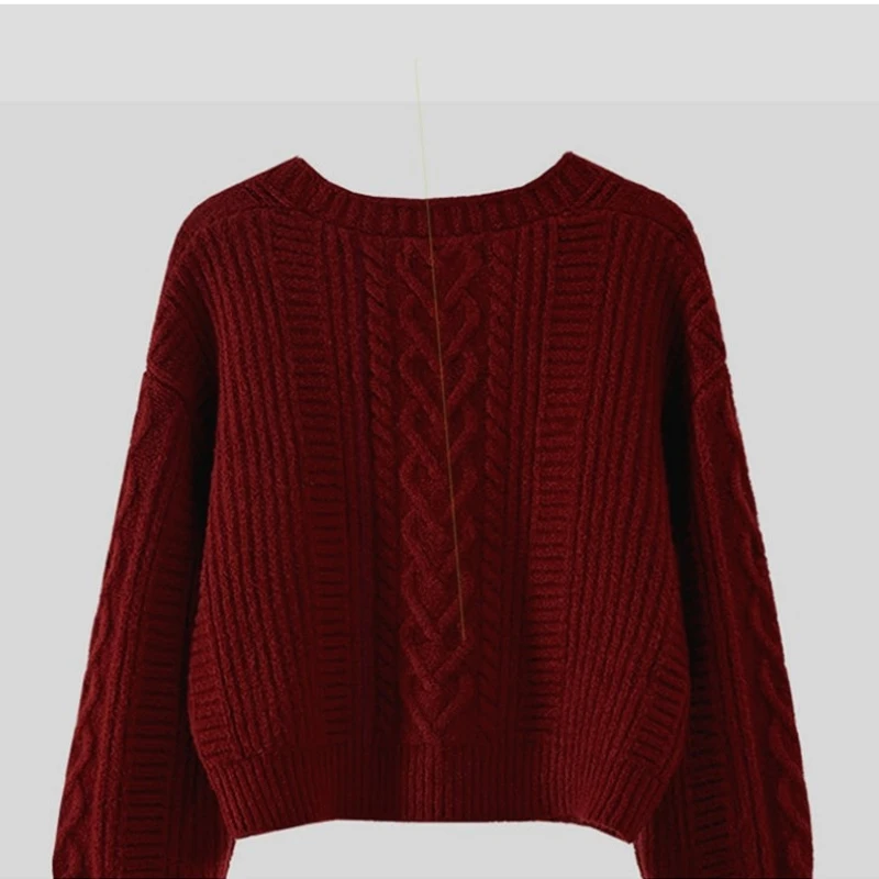 Nuevo Cárdigan Vintage Twist de otoño e invierno con cuello en V para mujer, suéter de manga larga, suéter de punto de un solo pecho, Chaqueta corta