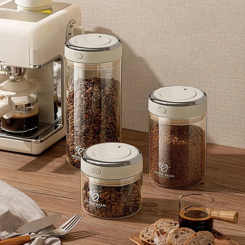 

500/1100/1700 Coffee Beans Vacuum Sealed Tank Glass Food Storage Jars with Co2 Valve Household Moisture-Proof Airtight Container