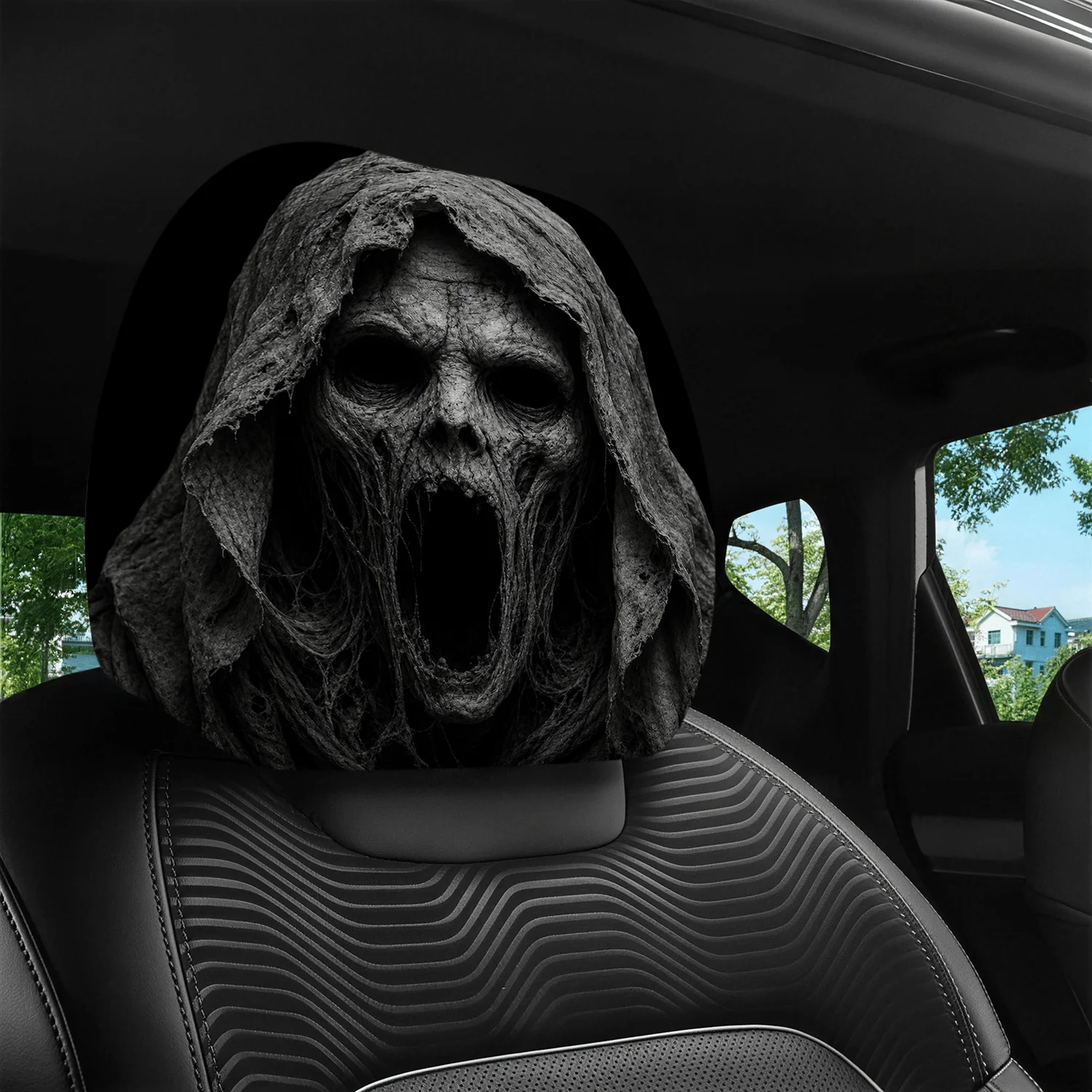 2pcs-pack of Halloween-themed skull-print car headrest covers is the perfect choice for decorating your car's interior.