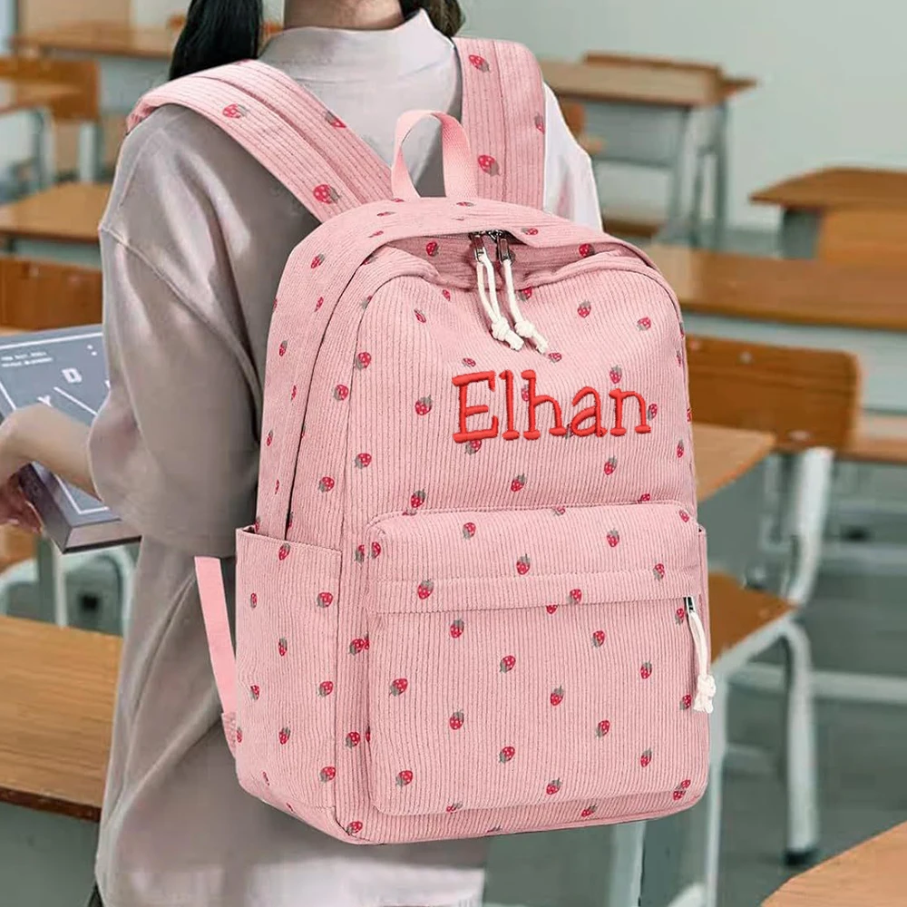 New Teenage Backpack Personalized Name Primary and High School Corduroy Strawberry Girl's Computer Backpack Female Travel Bags