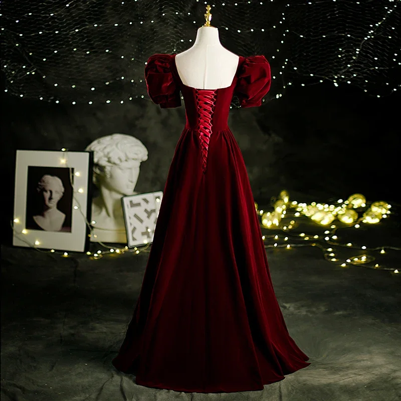Customized Velour Evening Dress Wine Red Classic Vintage Princess Puff Sleeve A-line Long Prom Formal Gowns for Women Vestidos