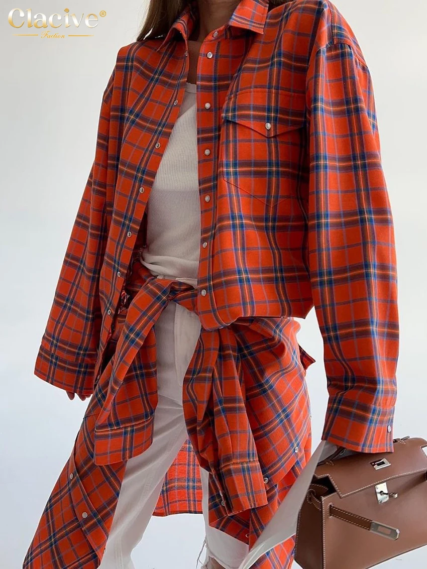 ClacMarkets-Chemisier à carreaux pour femme, haut à boutonnage simple, chemise à manches longues, revers élégant, vintage, surdimensionné, mode 2023