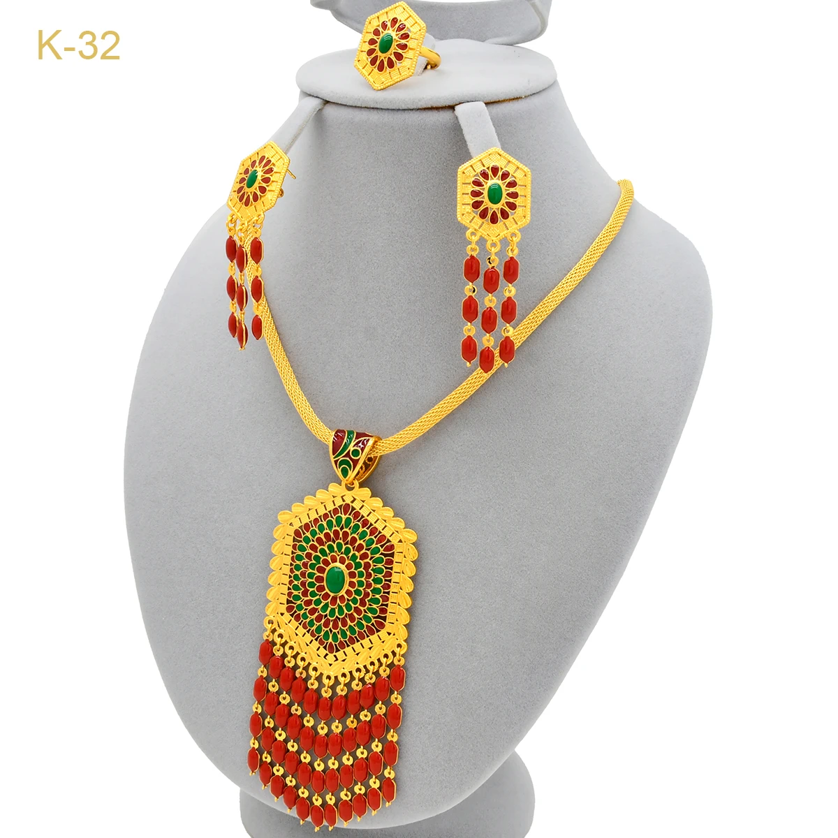 

Ethiopian Red Crystal Tassel Pendant Jewelry Set For Women Bridal Saudi Arabic Party 24k Gold Color Dubai Necklace Earring Gifts