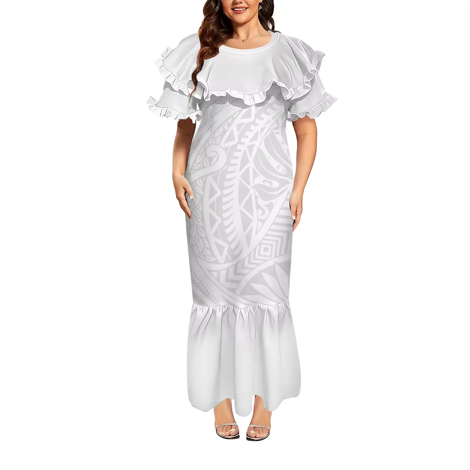 

Wholesale Price White Sunday Design Oversize Ladies High-Waist Lace-Up Top Quality Dress Polynesian Print Short Sleeve Dress