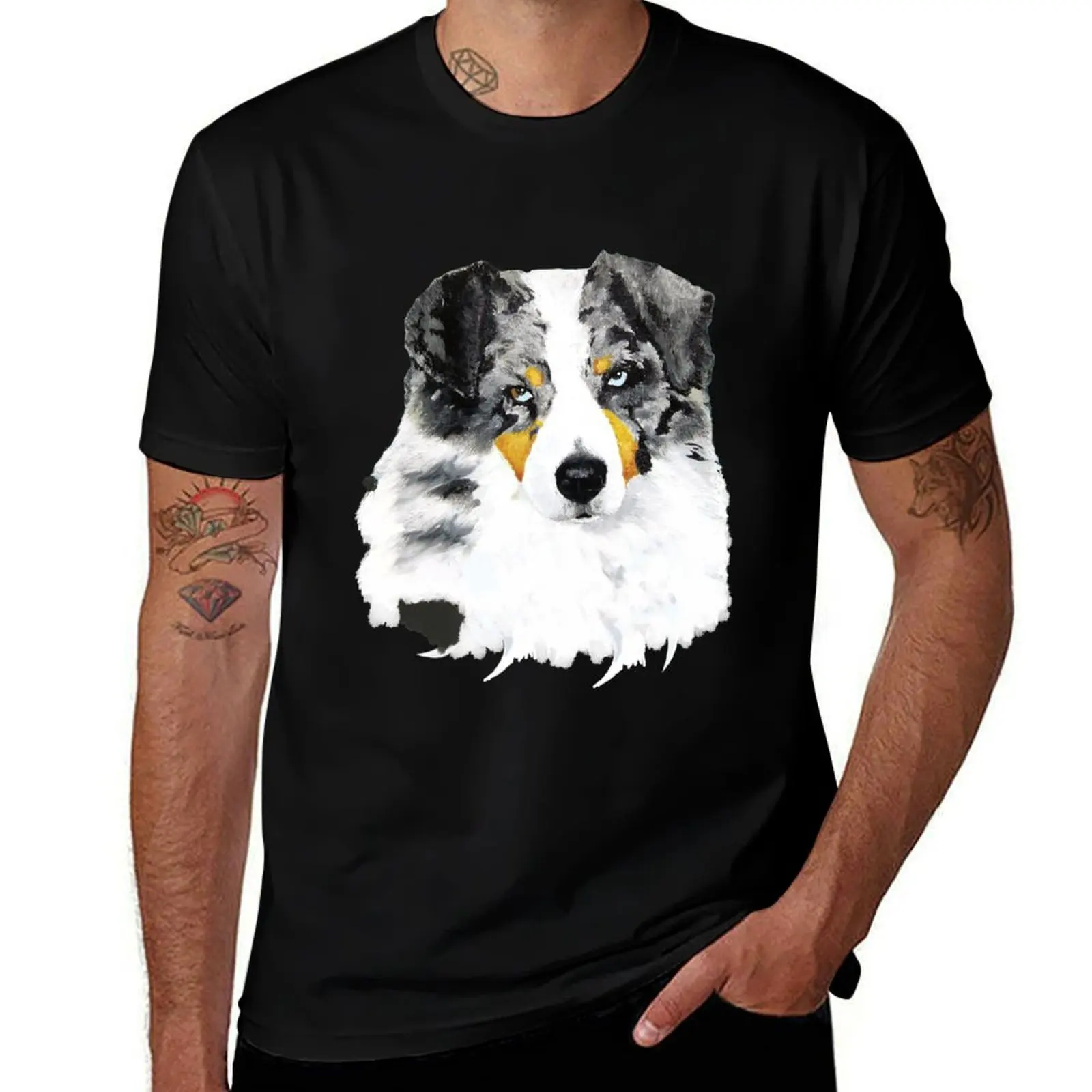 Australian Shepherd Blue Merle Dog Portrait T-Shirt Plus Size Workout Short Sleeve Top