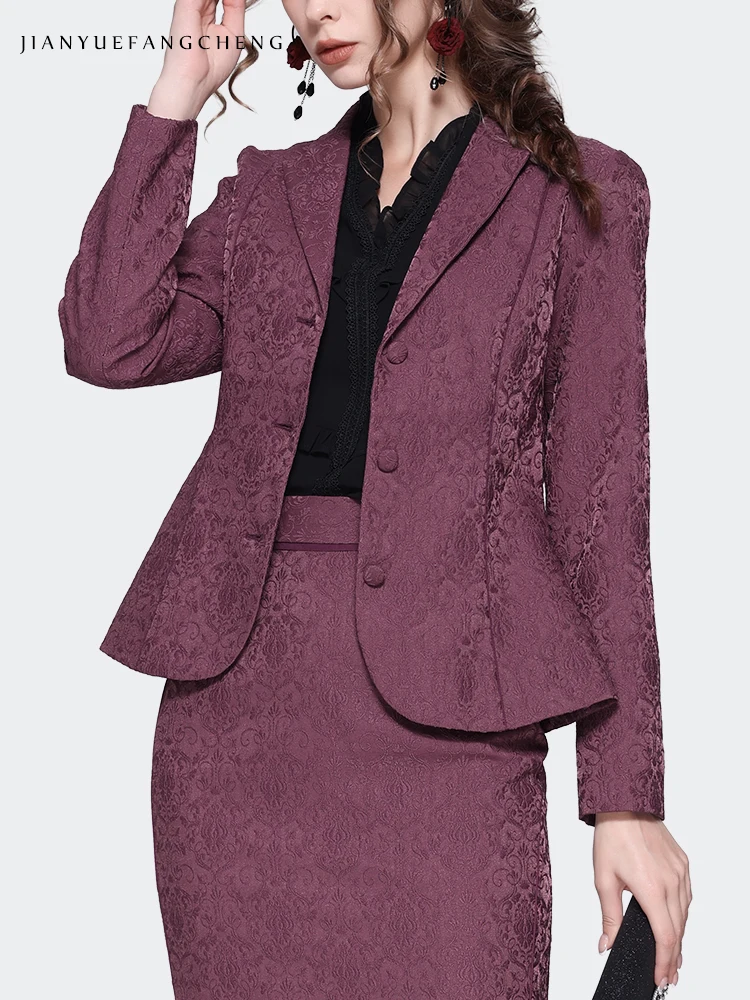 Elegante abito colletto donna manica lunga Jacquard Blazer viola Slim corto femminile autunno inverno cappotto giacca ufficio donna top