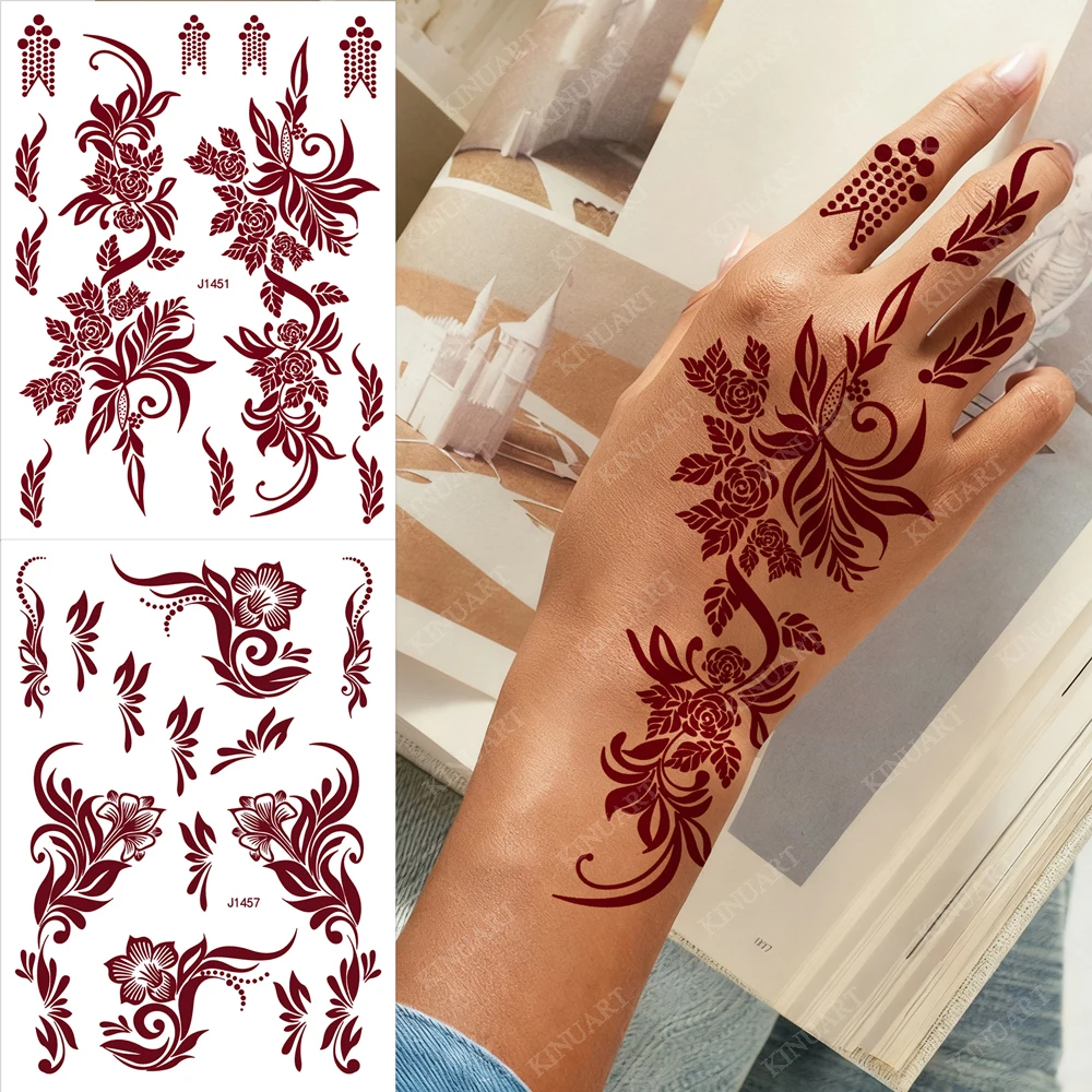 

Водостойкие временные татуировки хной для женщин, бордовый цветок, поддельные татуировки хной, наклейки для рук, пальцев, дизайн Менди, одежда для тела
