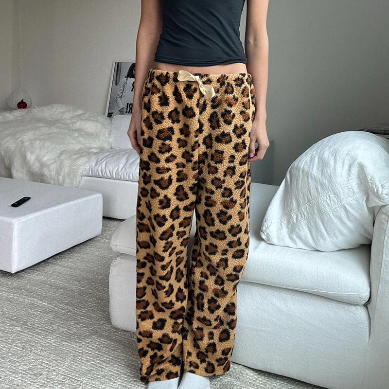 Biikpiik leopardo calças peludas loungewear rendas calças casuais senhora moda streetwear outono inverno roupas de fundo quente