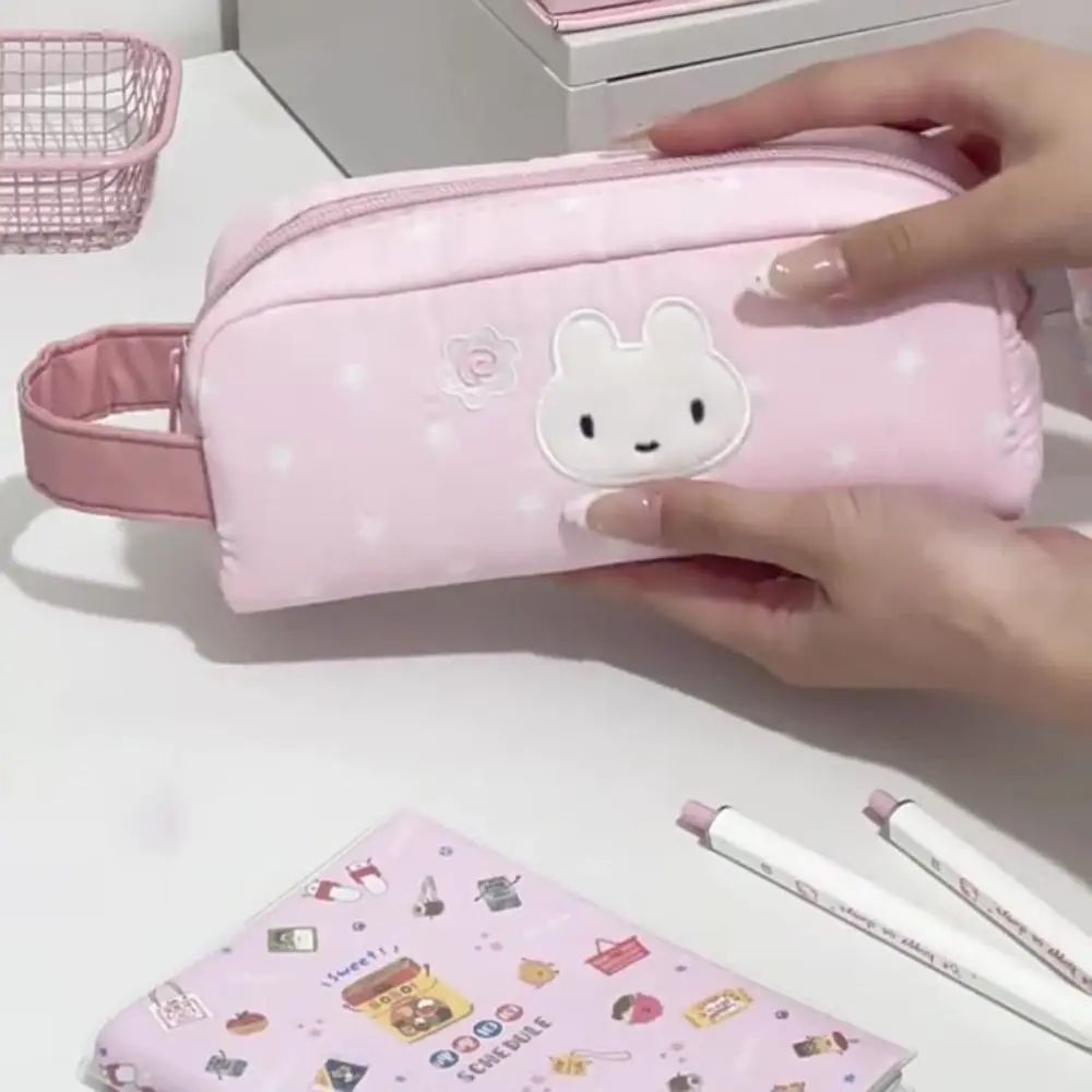 Pink Pen Bag Handheld Zipper Design Stationery Bag Star Rabbit Pattern Large Capacity Stationery Organizer School Office