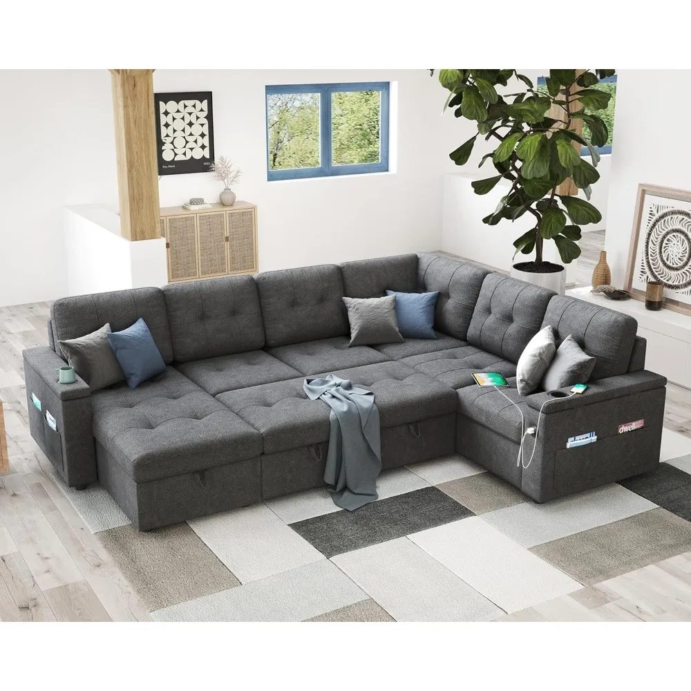 Sofa Bed, 110 Inch Sectional Sleeper Sofa Bed with 2 USB Charging Ports & Cup Holders, Oversized U Shaped Pull Out Couch