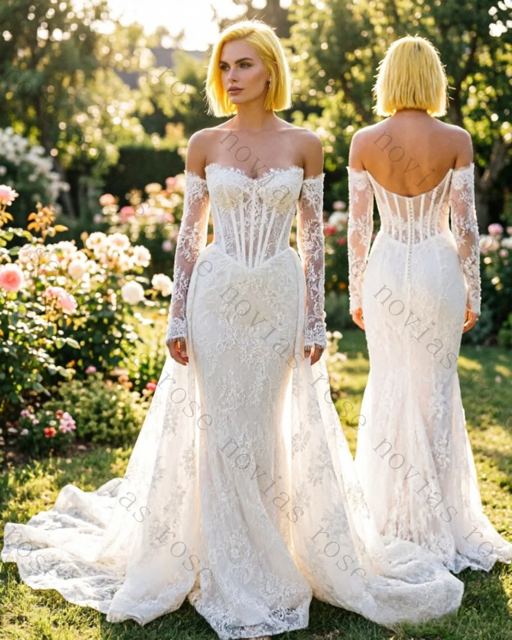 Customized 2026 Off Shoulder Lace Mermaid Wedding Dress Full Sleeve Corset Bodice Bridal Gown Vestido De Novia Detachable Train